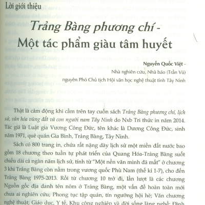 Tràng Bàng phương chí - Lịch sử, văn hóa vùng đất và con người nam Tây Ninh