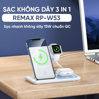 Đế Sạc Nhanh Không Dây Đa Năng 3in1 Remax RP-W53 - Hỗ Trợ Sạc Nhanh Lên Đến 15W - Hàng Chính Hãng