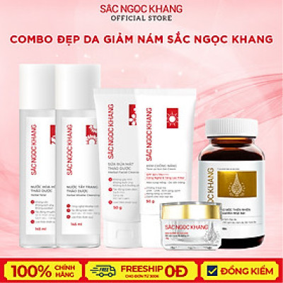 Combo dưỡng da giảm nám: Nước tẩy trang 145ml + Sữa rửa mặt 100g + Nước hoa hồng 145ml + Kem chống nắng 50g + Kem dưỡng da ban đêm 10g + Vi tảo lục 60 viên (Sắc Ngọc Khang)