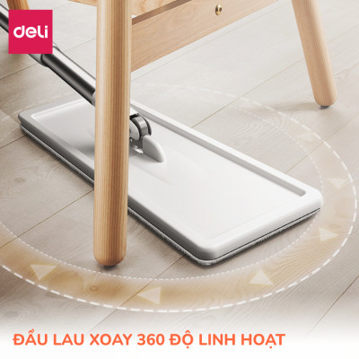 Cây lau nhà tự vắt có thùng 2 ngăn Deli, Bộ chổi lau nhà 360 độ kèm 3 bông lau microfiber siêu sạch