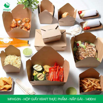 MFHG3N - 50 hộp giấy kraft thực phẩm 1400ml, hộp giấy nắp gập màu nâu đựng thức ăn, hộp giấy nắp gài gói đồ ăn mang đi 