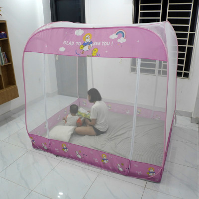 Màn Chụp Cao Cấp Mộc Miên Đỉnh Vuông - Kích Thước 1,6mx2m ( Trắng Viền Hồng )