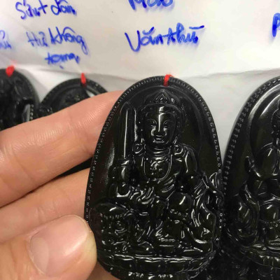 MẶT DÂY CHUYỀN PHẬT VĂN THÙ ĐỘ MỆNH NAM TUỔI MẸO mệnh THUỶ  ĐÁ MÃ NÃO ĐEN ĐẸP 5cm ĐK 3CM