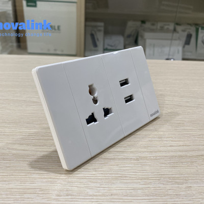 Ổ USB âm tường kèm ổ điện Novalink A5-31, mặt nắp chất liệu nhựa chống cháy, lõi đồng cao cấp, công suất ổ USb 5V-2.1A, công suất ổ điện 16A - Hàng chính hãng, Full thuế VAT, COCQ