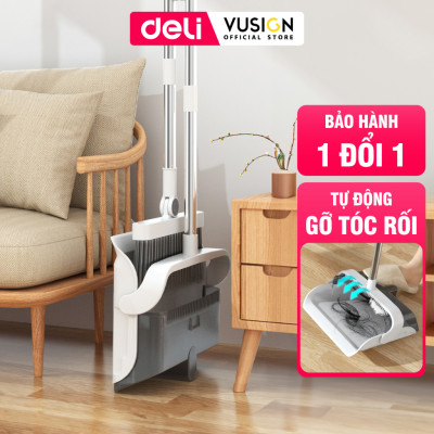 Bộ chổi quét nhà kèm xẻng hót rác gấp gọn Deli đa năng thông minh, màu trắng chất liệu nhựa cao cấp và thép không gỉ