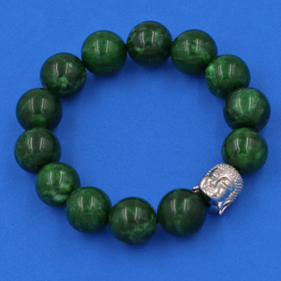 Vòng đeo tay Cẩm Thạch Đông Ninh 14 ly cẩn hạt Phật A Di Đà inox bạc VCTDNNLT14