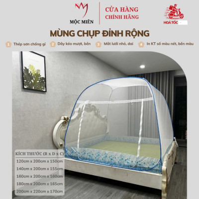 Màn Chụp , Mùng Chụp Cao Cấp Mộc Miên Đỉnh Rộng - Kích Thước 1,8mx2m Trắng Viền Xanh ( Hà Nội )