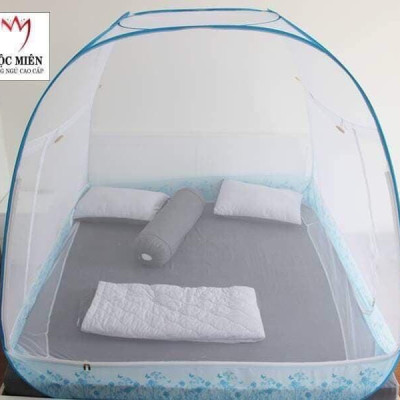 Màn Chụp , Mùng Chụp Cao Cấp Mộc Miên Đỉnh Rộng - Kích Thước 1,8mx2m Trắng Viền Xanh ( Hà Nội )