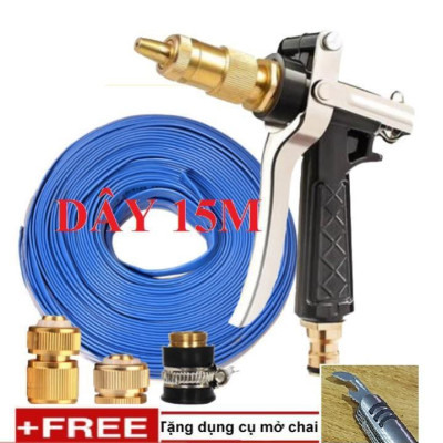 Bộ dây vòi xịt nước rửa xe, tưới cây . tăng áp 3 lần, loại 15m 206236 đầu đồng, cút đồng+ tặng mở chai 