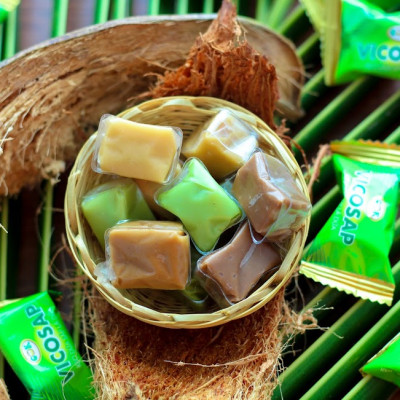 Kẹo dừa sáp VICOSAP mix 6 vị nguyên chất lá dứa cacao kẹo mềm dẻo ít đường đặc sản Trà Vinh