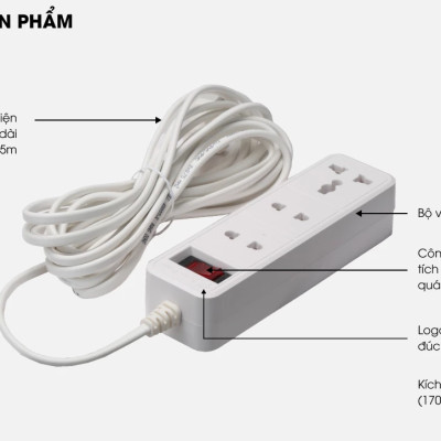 Ổ cắm Rạng Đông OC05 3C/10A 2500W dây dài 2M/5M - Hàng chính hãng