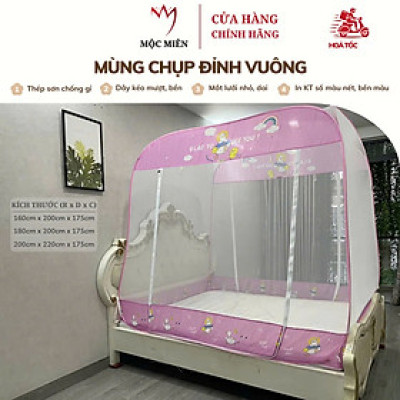 Màn Chụp Cao Cấp Mộc Miên Đỉnh Vuông - Kích Thước 1,6mx2m ( Trắng Viền Hồng )