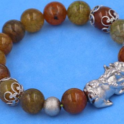 Vòng chuỗi đeo tay Đá Vân Rồng Nâu Vàng size 10 ly mix Tỳ Hưu inox VVRTHVHKHB10