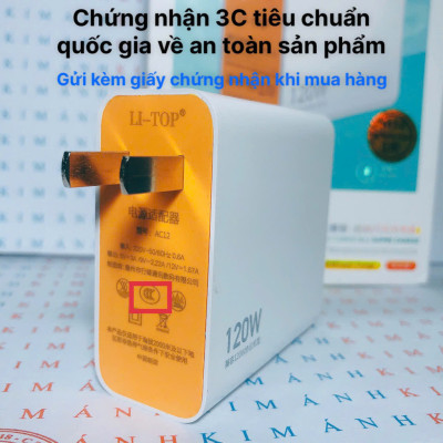 Bộ sạc nhanh 120W LI-TOP T12 3in1 (Type C, L, Micro), đạt chứng nhận 3C tiêu chuẩn quốc gia, bảo hành hàng chính hãng 12 tháng