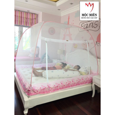 Màn Chụp , Mùng Chụp Cao Cấp Mộc Miên - Mẫu Trắng Viền Hồng Hoa Lá ( Hà Nội )