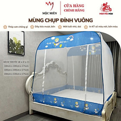 Màn Chụp Tự Bung Đỉnh Vuông Cao Cấp Mộc Miên - Màu Trắng Viền Xanh ( Hình thật )