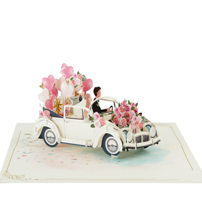 Thiệp 3D Pop Up Xe Cưới Trắng Just Married – Thiệp Chúc Mừng Đám Cưới, Wedding Card Sang Trọng