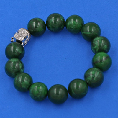 Vòng đeo tay Cẩm Thạch Đông Ninh 14 ly cẩn hạt Phật A Di Đà inox bạc VCTDNNLT14