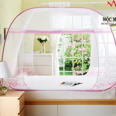 Màn Chụp , Mùng Chụp Cao Cấp Mộc Miên - Mẫu Trắng Viền Hồng Hoa Lá ( Hà Nội )