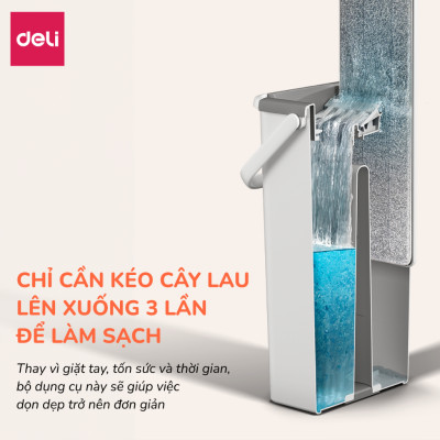 Cây lau nhà tự vắt có thùng 2 ngăn Deli, Bộ chổi lau nhà 360 độ kèm 3 bông lau microfiber siêu sạch