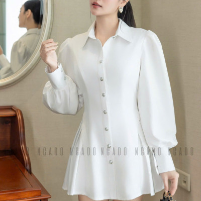 Đầm trắng cổ sơ mi tay dài NGADO , đầm kiểu , đầm sơ mi