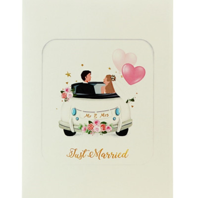 Thiệp 3D Pop Up Xe Cưới Trắng Just Married – Thiệp Chúc Mừng Đám Cưới, Wedding Card Sang Trọng