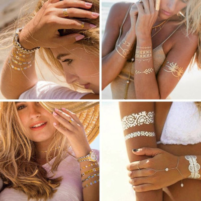 Combo 8 tờ hình xăm dán nhũ ánh kim nghệ thuật 3D họa tiết henna 21*15cm