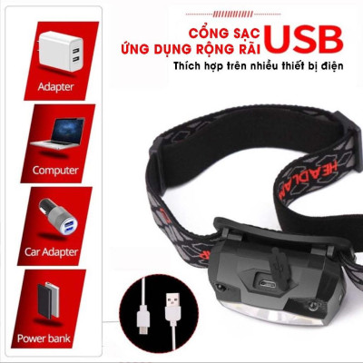 Đèn pin đội đầu 1 bóng cảm biến vẫy tay siêu sáng chiếu xa 300m, chip Led L9 chống thấm nước, đèn đeo trán Zoom xa gần H