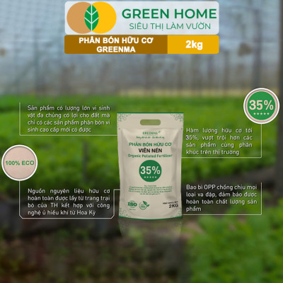 3 Túi Phân Bón Hữu Cơ Viên Nén Greenma 35%, GreenHome, Túi 2kg, Chuyên Cho Cây Cảnh, Hoa Màu Trồng Chậu