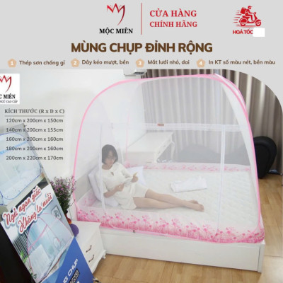 Màn Chụp , Mùng Chụp Cao Cấp Mộc Miên Đỉnh Động - Kích Thước 2,2mx2m - Hoạ tiết Hoa Lá Trắng Viền Hồng ( Hà Nội )