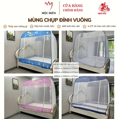 Màn Chụp Cao Cấp Mộc Miên Đỉnh Vuông - Kích Thước 1,6mx2m ( Trắng Viền Hồng )