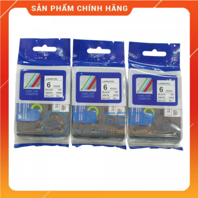 Nhãn In HZE-211 - Đen nền trắng 6mm x 8m - Dùng cho máy in BROTHER - AIMO - PUTY [Hàng nhập khẩu]