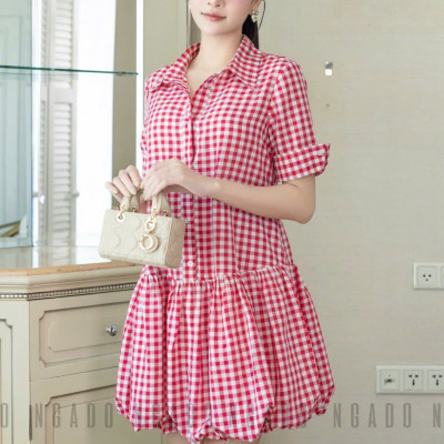 Đầm babydoll caro đỏ cổ sơ mi NGADO , đầm caro , đầm Nữ
