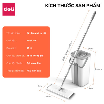 Cây lau nhà tự vắt có thùng 2 ngăn Deli, Bộ chổi lau nhà 360 độ kèm 3 bông lau microfiber siêu sạch