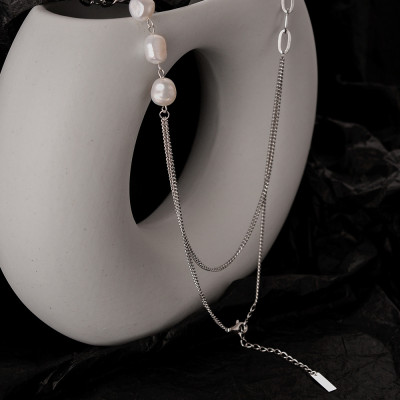 Dây chuyền vòng cổ titan hợp kim phối bất đối xứng hạt châu cá tính unisex nam và nữ