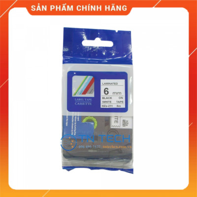 Nhãn In HZE-211 - Đen nền trắng 6mm x 8m - Dùng cho máy in BROTHER - AIMO - PUTY [Hàng nhập khẩu]