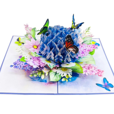 Thiệp 3D Pop Up Hoa Cẩm Tú Cầu & Bướm – Thiệp Hoa Nghệ Thuật, Chúc Mừng, Sinh Nhật, F47, Lãng Mạn