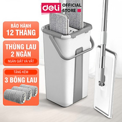 Cây lau nhà tự vắt có thùng 2 ngăn Deli, Bộ chổi lau nhà 360 độ kèm 3 bông lau microfiber siêu sạch