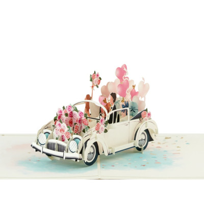 Thiệp 3D Pop Up Xe Cưới Trắng Just Married – Thiệp Chúc Mừng Đám Cưới, Wedding Card Sang Trọng