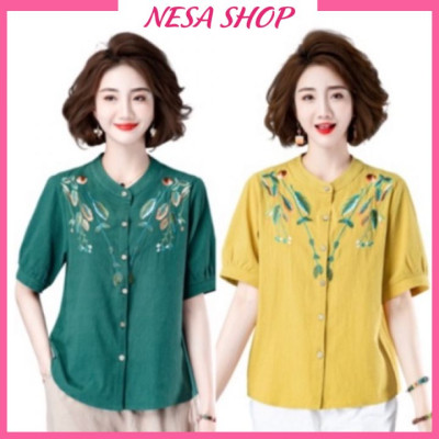 Áo sơ mi nữ trung niên thêu hoa cao cấp tặng mẹ, chất liệu mềm mát form rộng bigsize, áo kiểu NeSa Shop, SMH.60