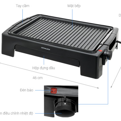 Vỉ Nướng Điện Lock&Lock EJG221 (1300W) - Hàng Chính Hãng, Mặt Bếp Chống Dính, 5 Mức Chỉnh Nhiệt, Khay Hứng Dầu Có Thể Tháo Rời, Tặng Kèm Ống Hút Và Cọ Rửa