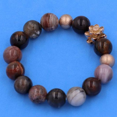 Vòng tay Gỗ Hóa Thạch size 12 ly charm Hoa Sen vàng hồng VGHTHSHBH12 - hợp tất cả các mệnh