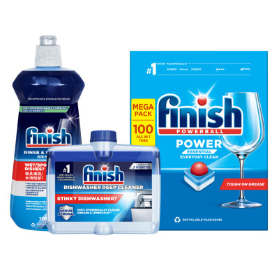 Combo Finish tiện lợi 4: Hộp 100 Viên Rửa Bát Essential + Nước Làm Bóng Finish 500ml + Dung dịch vệ sinh máy