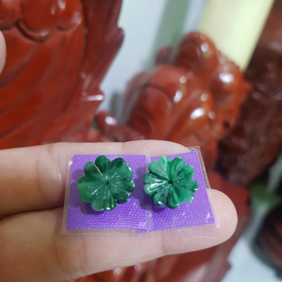 Đôi Bông Tai Bông Mai Trái Tim Size trung mới đẹp 14mm x 4mm Đá Ngọc cẩm thạch tự nhiên xanh đậm điểm sơn thủy bóng đẹp Nữ mệnh Thủy bọc vàng đeo rất đẹp sang ạ