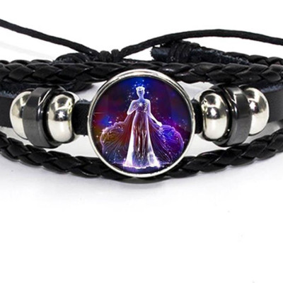 Vòng Đeo Tay Giả Cổ Dây Da Bệt Tết Phong Cách Retro Mặt Vòng Hình 12 Cung Hoàng Đạo Có Thể Điều Chỉnh Độ Rộng