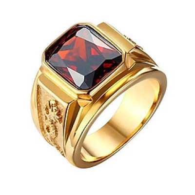 Nhẫn nam titan cao cấp kiểu chạm rồng 2 bên trangsucpt đá đỏ nhẫn màu mạ vàng thép không gỉ PTNNA255