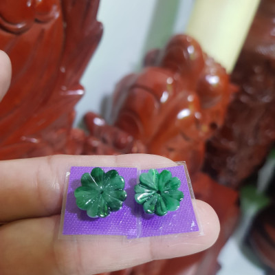 Đôi Bông Tai Bông Mai Trái Tim Size trung mới đẹp 14mm x 4mm Đá Ngọc cẩm thạch tự nhiên xanh đậm điểm sơn thủy bóng đẹp Nữ mệnh Thủy bọc vàng đeo rất đẹp sang ạ