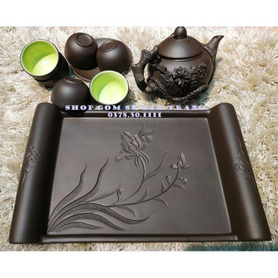 Bộ ấm trà gốm đắp tay khay chữ nhật 29x19cm