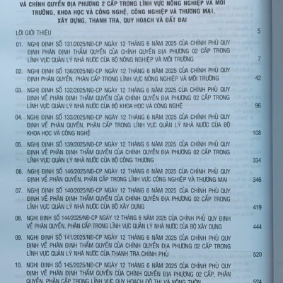 Hệ thống các nghị định của Chính phủ về phân quyền, phân cấp; phân định thẩm quyền Chính phủ và chính quyền địa phương 2 cấp trong lĩnh vực nông nghiệp và môi trường, khoa học và công nghệ, công nghiệp và thương mại, xây dựng, thanh tra, quy hoạch