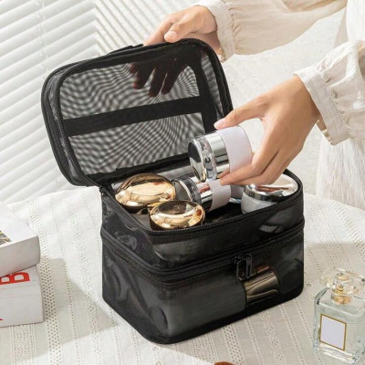 Túi Đựng Mỹ Phẩm, Đồ Trang Điểm 2 Tầng Bằng Vải Lưới Nhẹ Gọn, Dễ Giặt Vệ Sinh Tiện Dụng
